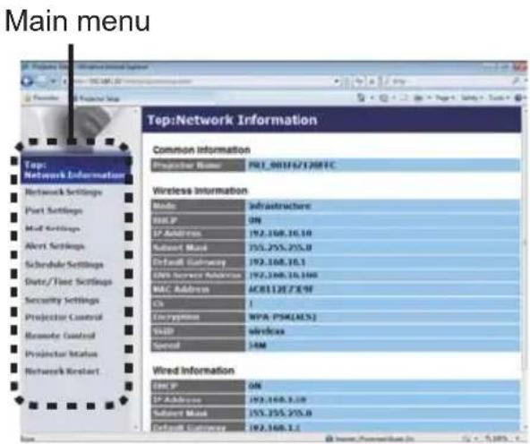 Main menu Top:Network Information Common Information Projector Name: PCL_001562130FIC Wireless Information Mode: infrastructure HLLP: ON IP Address: 192.168.16.10 Subword Mask: 755.255.255.0 Default Gateway: 193.168.16.1 DNS Server Address: 192.168.16.100 MAC Address: ACR1120728.99 Ch: / Energynet: WPA-PSK(ALS)2 VDD: wireless Sound: 34M Wired Information GCP: ON IP Address: 192.168.16.10 Subword Mask: 755.255.255.0 Default Gateway: 192.168.16.1