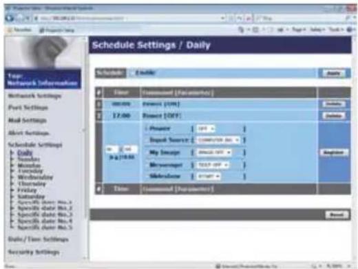 Schedule Settings / Daily Schedule Settings Address User Command [Information] Access Power (IUI) 12.00 Power (IUI) Load P 2.00 p.g.70.00 Input Source: Command Data My Image: Command Data Message: Command Data Substrate: Command Data Date: Command [Parameters] Address Logit Network Settings Port Settings Mail Settings Abort Settings Schedule Settings Daily Sunday Monday Tuesday Wednesday Thursday Friday Saturday Specific data No.1 Specific data No.2 Specific data No.3 Specific data No.4 Specific data No.5 Daily/Time Settings Security Settings