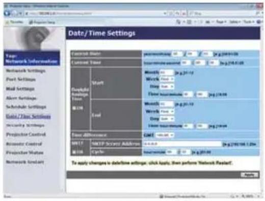Date / Time Settings Tape Network Information Network Settings Port Settings Mail Settings Alert Settings Schulphur Settings Data / Time Settings Security Settings Projector Control Inspector Control Projector Notes Network Linker Control Time Start End GMT MUST MEXP Security Address 1.4.0.0 2.0.0.0 3.0.0.0 To apply changes to determine settings, click reply, then perform Network Request.