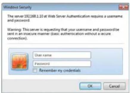 Windows Security The server 191168.1.10 at Web Server Authentication requires a username and password. Warning: This server is requesting that your username and password be sent in an insecure manner (basic authentication without a secure connection). User name Password Remember my credentials OK Cancel