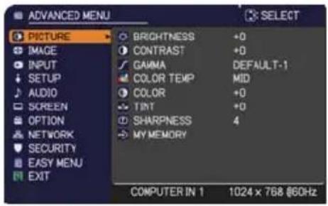 ADANCED MENU PICTURE IMAGE INPUT SETUP AUDIO SCREEN OPTION NETWORK SECURITY EASY MENU EXIT BRIGHTNESS +0 CONTRAST +0 GAVAMA DEFAULT-1 COLOR TEMP MID COLOR +0 TIRT +0 SHARPNESS 4 MY MEMORY COMPUTER IN 1 1024 x 768 @60Hz
