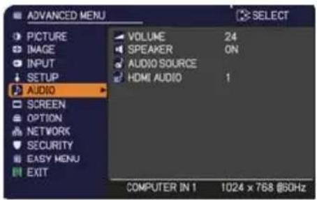 ADVANCED MENU PICTURE IMAGE INPUT SETUP AUDIO SCREEN OPTION NETWORK SECURITY EASY MENU EXIT VOLUME 24 SPEAKER ON AUDIO SOURCE HDMI AUDIO 1 COMPUTER IN 1 1024 x 768 @SOHz