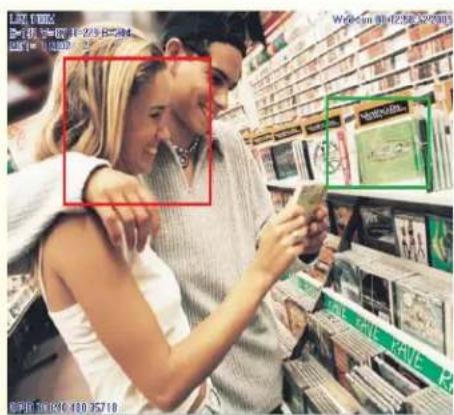 Street photo with visible store signboards and a person interacting with a product box, featuring Chinese text overlays and price tags.