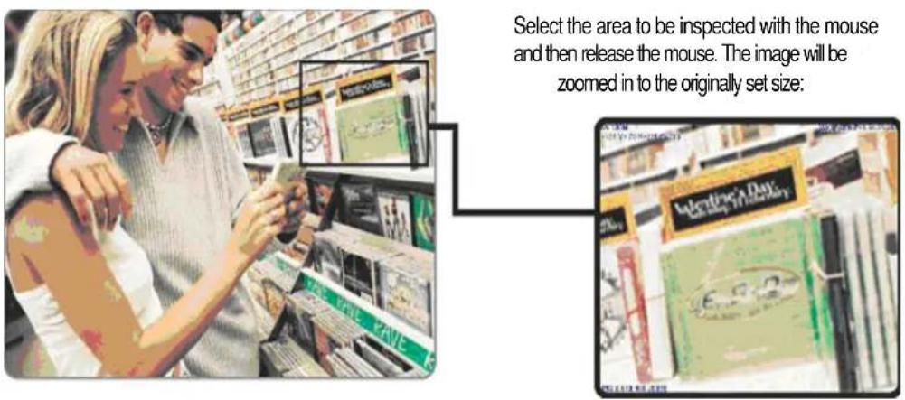 Select the area to be inspected with the mouse and then release the mouse. The image will be zoomed in to the originally set size: