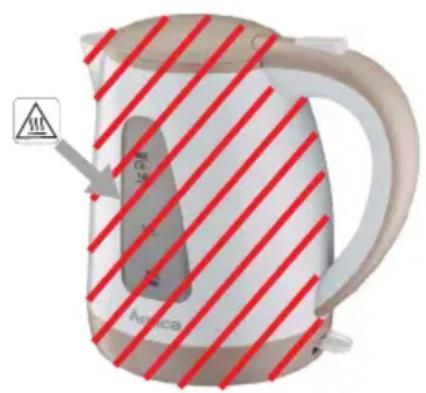 Diagram of a kettle with warning symbol and label 'Ampaca' on its side, showing red diagonal stripes and a warning icon.