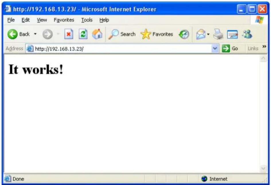 http://192.168.13.23/ - Microsoft Internet Explorer File Edit View Favorites Tools Help Back Search Favorites Go Links Address http://192.168.13.23/ It works!