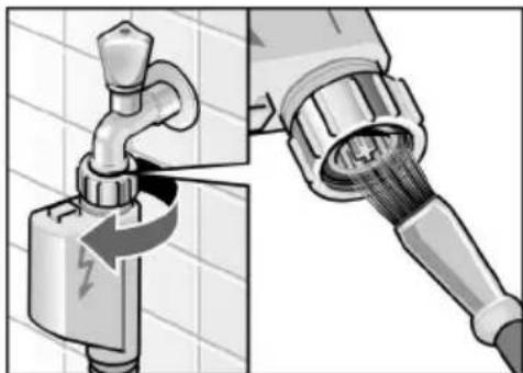 Diagram showing a pipe valve being inserted into a plug, with a lightning bolt symbol indicating the switch (no text or labels present)