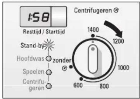 1:58 Resttijd / Starttijd Stand-by Hoofdwas zonder Spoelen Centrifu- geren Centrifugeren 1400 1200 1000 600 800