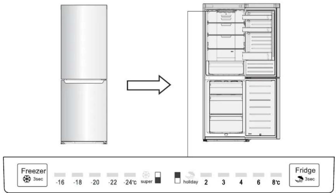 Freezer 3sec -16 -18 -20 -22 -24°C super holiday 2 3 4 6 8°C Fridge 3sec