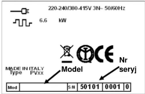 220-240/380-415V 3N-50/60Hz 6.6 kW MADE IN ITALY Type PVxx Model Nr seryj Mod S.N 50101 0001 0