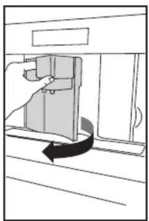 Diagram of a hand inserting a device into a door panel, showing a curved arrow indicating rotation (no text or symbols present)