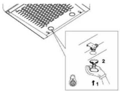 Diagram showing a device with labeled parts and an inset view of a hand holding a knob labeled '2' and a scroll labeled '1'.