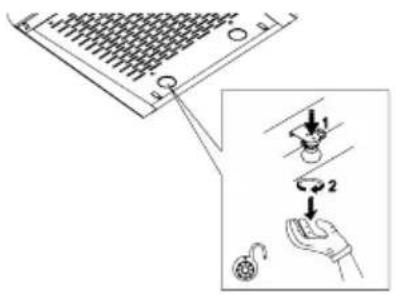 Diagram showing a device with grid and control panel, alongside a hand holding a device with labeled parts and a magnified view of the component.