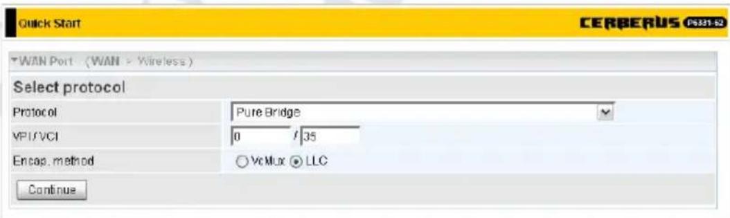 Quick Start CERBERUS Ps321-52 WAN Port (WAN > Wireless) Select protocol Protocol Pure Bridge VPU/VCI 0 / 35 Encap. method VcMux LLC Continue