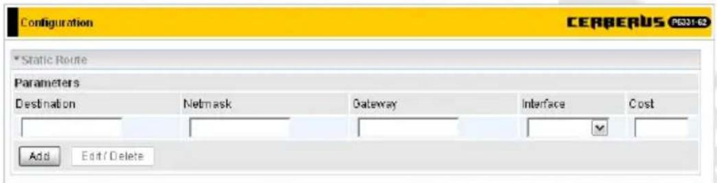 Configuration CERBERUS PC031-62 *Static Route Parameters Destination Netmask Gateway Interface Cost Add Edit / Delete