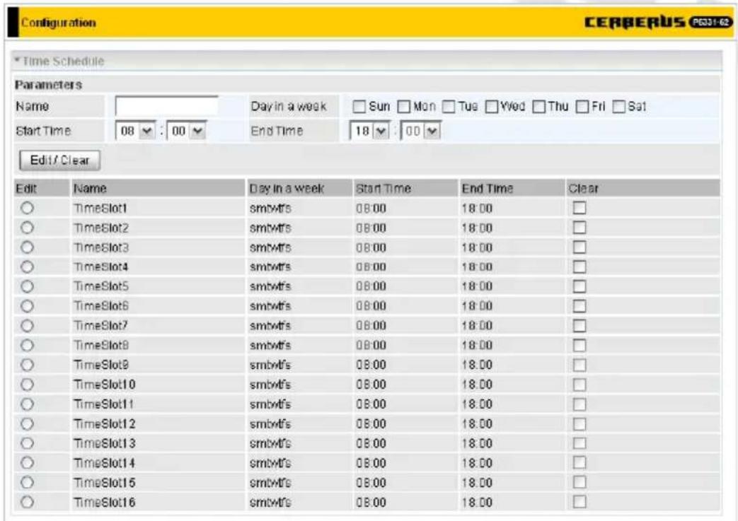 Configuration CERBERUS P031-62 Time Schedule Parameters Name Start Time 08 : 00 Day in a week End Time Sun Mon Tue Wed Thu Fri Sat 18 : 00 Edit / Clear Edit Name TimeSlot1 TimeSlot2 TimeSlot3 TimeSlot4 TimeSlot5 TimeSlot6 TimeSlot7 TimeSlot8 TimeSlot9 TimeSlot10 TimeSlot11 TimeSlot12 TimeSlot13 TimeSlot14 TimeSlot15 TimeSlot16 Day in a week smtwfs smtwfs smtwfs smtwfs smtwfs smtwfs smtwfs smtwfs smtwfs Start Time End Time Clear 08:00 18:00 08:00 18:00 08:00 18:00 08:00 18:00 08:00 18:00 08:00 18:00 08:00 18:00 08:00 18:00 08:00 18:00 08.00 18.00 08.00 18.00 08.00 18.00 08.00 18.00 08.00 18.00 08.00 18.00