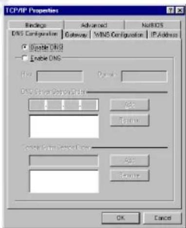 TCP/IP Properties Bindings Advanced NorBIOS DNS Configuration Gateway WINS Configuration IP Address □ Enable DNS □ Enable DNS Bus Data DNS Server Options Add Remove Cancel OK Cancel
