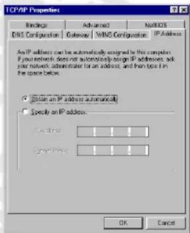 TCP/IP Properties Bindings Advanced No/BIOS DNS Configuration Gateway WINS Configuration IP Address An IP address can be automatically assigned to this computer. If your network does not automatically design IP addresses, ask your network administrator for an address, and then type it in the space below. Obtain an IP address automatically Specify on IP address: Address Sign/Show OK Cancel