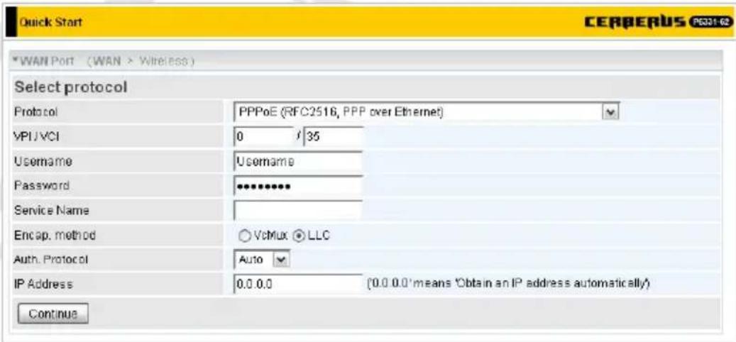 Quick Start *WAN Port (WAN > Wireless) Select protocol Protocol PPPoE (RFC2516, PPP over Ethernet) VPIJVCI 0 / 35 Username Username Password •••••••• Service Name Encap. method ○ VcMux ● LLC Auth. Protocol Auto IP Address 0.0.0.0 (0.0.0.0 means 'Obtain an IP address automatically') Continue