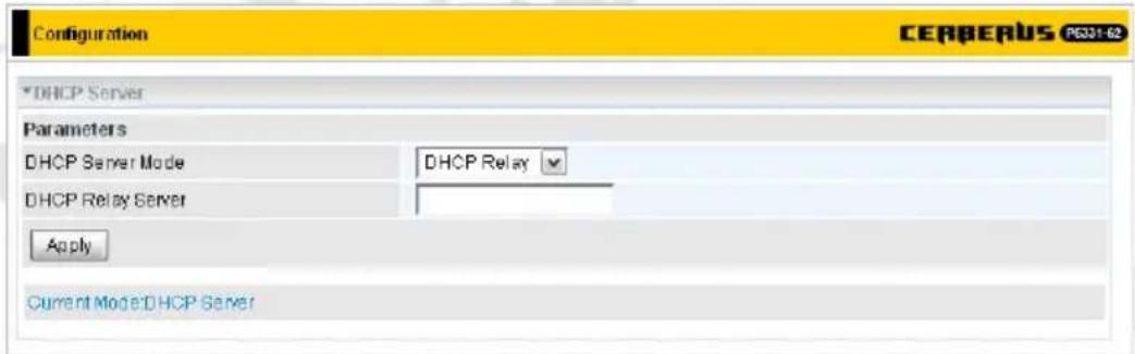 Configuration *DHCP Server Parameters DHCP Server Mode DHCP Relay DHCP Relay Server Apply Current Mode:DHCP Server CERBERUS PG321-62