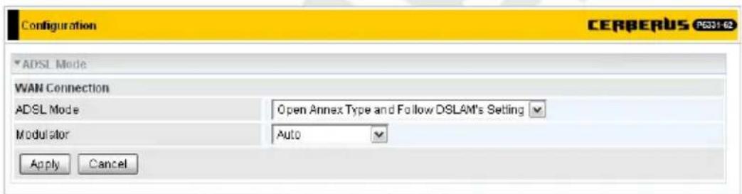 Configuration CERBERUS PC031-02 ADSL Mode WAN Connection ADSL Mode Open Annex Type and Follow DSLAM's Setting Modulator Auto Apply Cancel