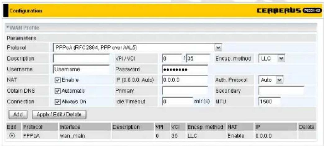 Configuration CERBERUS P031-62 WAN Profile Parameters Protocol PPPoA (RFC2864, PPP over AAL5) Description VPI /VCI 0 / 35 Encap. method LLC Username Username Password NAT Enable IP (0.0.0. Auto) 0.0.0.0 Auth. Protocol Auto Obtain DNS Automatic Primary Secondary Connection Always On Idle Timeout 0 min(s) MTU 1500 Add Apply / Edit / Delete Edit Protocol Interface Description VPI VCI Encap. method NAT IP Delete PPPoA wan_main 0 35 LLC Enable 0.0.0.0