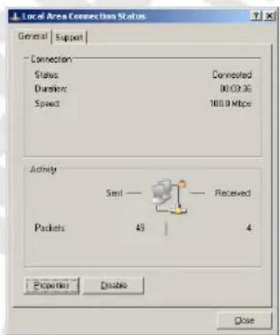 Local Area Connection Status General | Support | - Connection Status C Sudaned Duration 00:00:36 Speed 100.0 Mbps Activity Seed Received Packets 43 4 Properties Disable Close