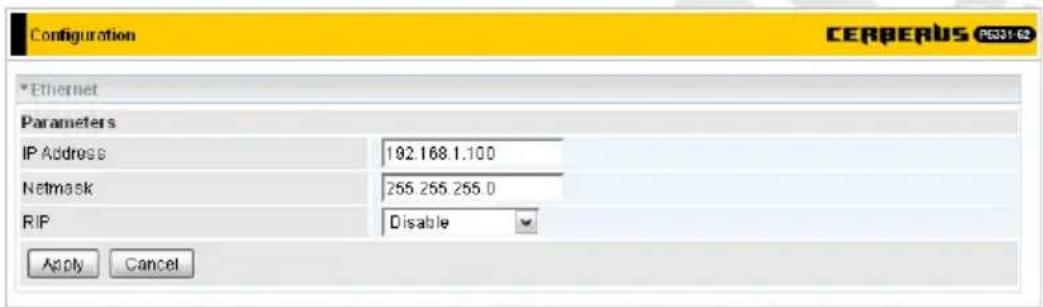 Configuration CERBERUS IP331-62 Ethernet Parameters IP Address 192.168.1.100 Netmask 255.255.255.0 RIP Disable Apply Cancel