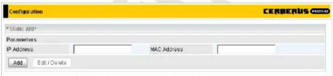 Configuration CERBERUS PS51-52 Static ARP Parameters IP Address MAC Address Add Edit / Delete