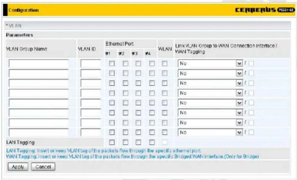 Configuration CERBERUS PCC1-02 *VLAN Parameters VLAN Group Name VLAN ID Ethermet Port WLAN Link VLAN Group to WAN Connection Interface / WAN Tagging #1 #2 #3 #4 No ✓ f □ No ✓ f □ No ✓ f □ No ✓ f □ No ✓ f □ No ✓ f □ No ✓ f □ No ✓ f □ No ✓ f □ No ✓ f □ No ✓ f ○ LAN Tagging LAN Tagging: Insert or keep VLAN tag of the packets flow through the specific ethernet port. WAN Tagging: Insert or keep VLAN tag of the packets flow through the specific Bridged WAN interface.(Only for Bridge) Apply Cancel