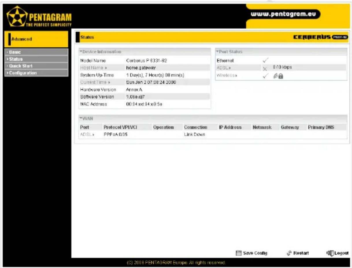 PENTAGRAM THE PERFECT SIMPLICITY www.pentagram.eu Advanced Basic Status Quick Start Configuration Status CERBERUS P6331-82 Device Information Model Name Cerberus P 8331-82 Host Name home gateway System Up Time 1 Day(s), 7 Hour(s) 08 min(s) Current Time Sun Jan 2 07:08:24 2000 Hardware Version Annex A Software Version 1.05e.cj7 MAC Address 00:04 ed 94:e9.5s Port Status Ethernet ✓ ADSL × 070 kbps Wireless ✓ TWAN Port Protocol VPI/VCI Operation Connection IP Address Netsmask Gateway Primary DNS ADSL PPP aA 0/35 Link Down Save Config Restart Logout (C) 2008 PENTAGRAM Europe. All rights reserved.
