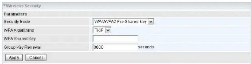 Wireless Security Parameters Security Mode WPAMPA2 Pre-Shared Key WPA Algorithms TKP WPA Shared Key Group Key Renewal 3600 seconds Apply Cancel