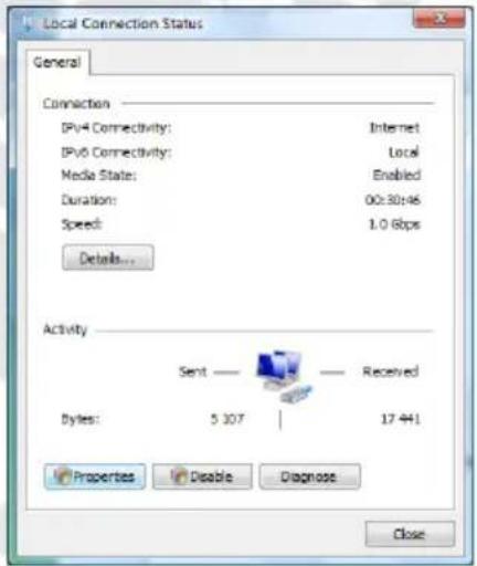 Local Connection Status General Connection IPv4 Connectivity: Internet IPv6 Connectivity: Local Media State: Enabled Duration: 00:30:46 Speed: 1.0 Gbps Details... Activity Sent —— Received Bytes: 5 307 | 17 441 Properties Enable Diagnose Close
