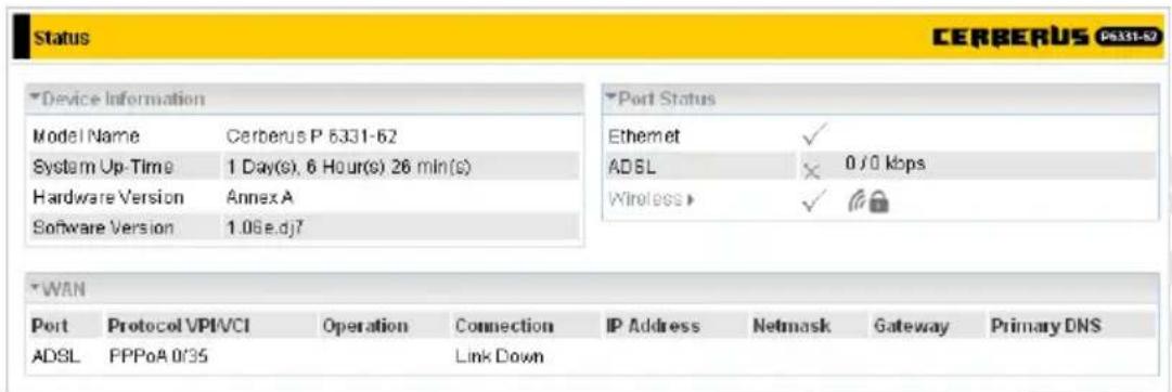 Status CERBERUS P6331-52 ▼Device Information Model Name Cerberus P 6331-62 System Up-Time 1 Day(s), 6 Hour(s) 26 min(s) Hardware Version Annex A Software Version 1.06e.dj7 ▼Port Status Ethernet ✓ ADSL × 0/0 kbps Wireless ✓ WAN Port Protocol VPIVCI Operation Connection IP Address Netsmask Gateway Primary DNS ADSL PPPoA 0/35 Link Down