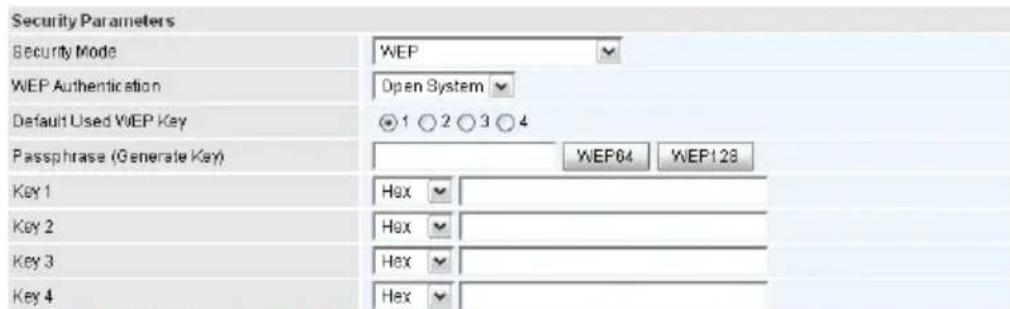 Security Parameters Security Mode WEP WEP Authentication Open System Default Used WEP Key ●1 ○ 2 ○ 3 ○ 4 Passphrase (Generate Key) WEP64 WEP128 Key 1 Hex Key 2 Hex Key 3 Hex Key 4 Hex