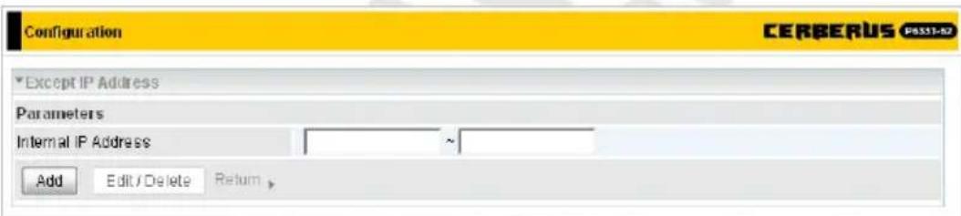 Configuration CERBERUS PS331-82 Except IP Address Parameters Internal IP Address Add Edit / Delete Return