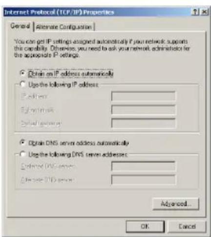Internet Protocol (TCP/IP) Properties General | Alternate Configuration | You can get IP settings assigned automatically if your network supports this capability. Otherwise, you need to ask your network administrator for the appropriate IP settings. ● Obtain on IP address automatically ○ Use the following IP address: □ Default □ Optimal □ Default settings: ● Obtain DNS server address automatically ○ Use the following DNS server addresses: □ Default DNS server: □ Optimal DNS server: Advanced... OK Cancel