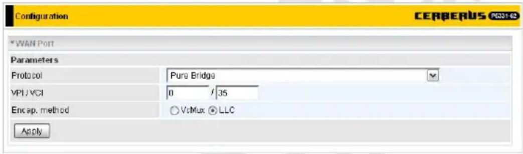 Configuration CERBERUS PCI31-62 *WAN Port Parameters Protocol Pure Bridge VPU/VCI 0 / 35 Encap. method VoMux ○LLC Apply