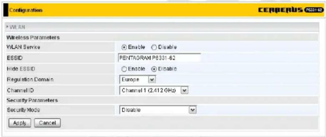 Configuration CERBERUS P6331-62 WLAN Wireless Parameters WLAN Service Enable Disable ESSID PENTAGRAM P6331-62 Hide ESSID Enable Disable Regulation Domain Europe Channel ID Channel 1 (2.412 GHz) Security Parameters Security Mode Disable Apply Cancel
