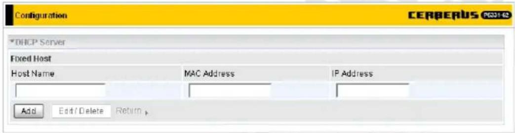 Configuration CERBERUS P0331-62 DHCP Server Fixed Host Host Name MAC Address IP Address Add Edit Delete Return
