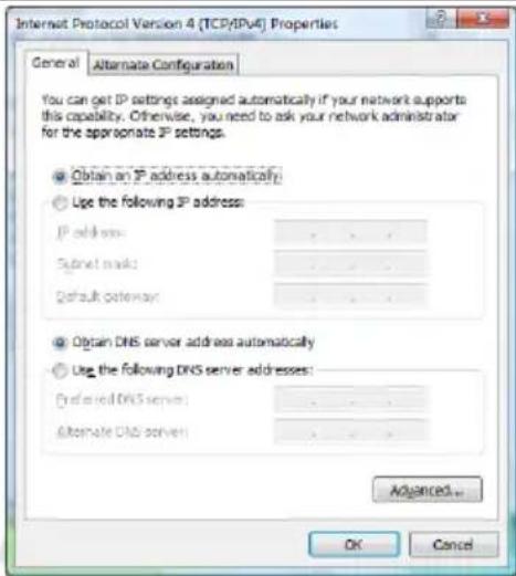 Internet Protocol Version 4 (TCP/IPv4) Properties General Alternate Configuration You can get IP settings assigned automatically if your network supports this capability. Otherwise, you need to ask your network administrator for the appropriate IP settings. Obtain an IP address automatically Use the following IP address: IP address: - Subnet mask: - Default gateway: - Obtain DNS server address automatically Use the following DNS server addresses: Preferred DNS server: - Alternate DNS server: - Advanced... OK Cancel