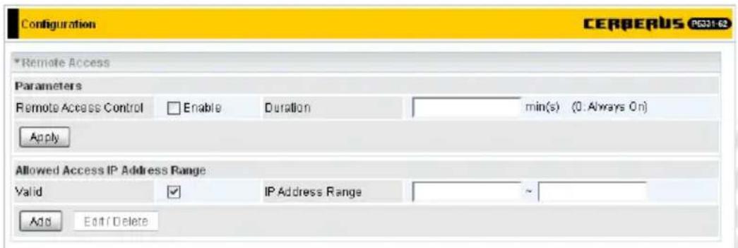 Configuration CERBERUS P031-62 *Remote Access Parameters Remote Access Control Enable Duration min(s) (0:Always On) Apply Allowed Access IP Address Range Valid IP Address Range Add Edit / Delete