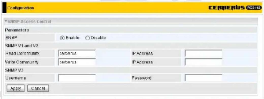 Configuration CERBERUS PG331-62 SNMP Access Control Parameters SNMP Enable Disable SNMP V1 and V2 Read Community terberus IP Address Write Community terberus IP Address SNMP V3 Username Password Apply Cancel