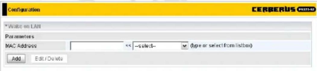 Configuration CERBERUS PASS1-52 Wake on LAN Parameters MAC Address << --select- (type or select from listbox) Add Edit / Delete
