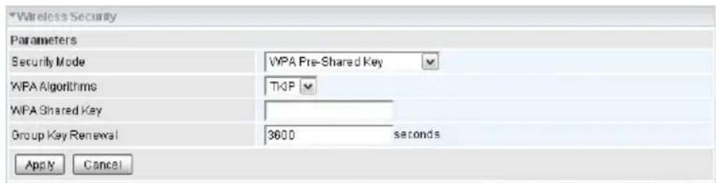 Wireless Security Parameters Security Mode WPA Pre-Shared Key WPA Algorithms TKP WPA Shared Key Group Key Renewal 3600 seconds Apply Cancel