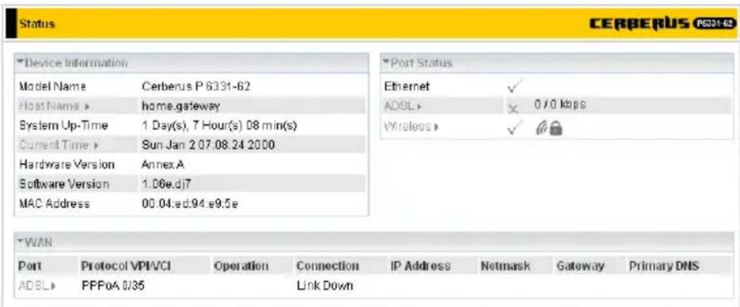 Status CERBERUS POST-62 Device Information Model Name Cerberus P 6331-62 Host Name home.gateway System Up-Time 1 Day(s), 7 Hour(s) 08 min(s) Current Time Sun Jan 2 07.08.24 2000 Hardware Version Annex A Software Version 1.06e.dj7 MAC Address 00.04.ed:94.e9.5e Port Status Ethernet ✓ ADSL × 0/0 kbps Wireless ✓ WAN Port Protocol VPI/VCI Operation Connection IP Address Netsmask Gateway Primary DNS ADSL PPPoA 0/35 Link Down