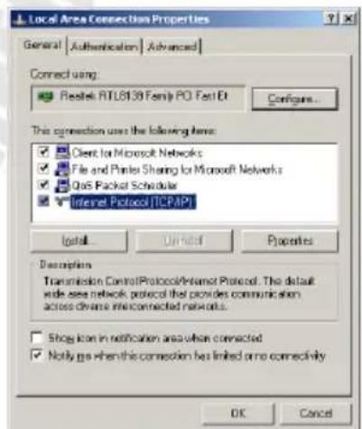 Local Area Connection Properties General | Authentication | Advanced | Connect using: RDS139 Family PCI Fast Ed Configure... This connection uses the following items: Client for Microsoft Networks File and Printer Sharing for Microsoft Networks QoS Packet Scheduler Internet Protocol (TCP/IP) Install Install Properties Description Transmission Control Protocol/Internet Protocol. The default wide see network protocol that provides communication across diverse interconnected networks. Shog Icon in notification area when connected Notify go when this connection has limited or no connectivity OK Cancel