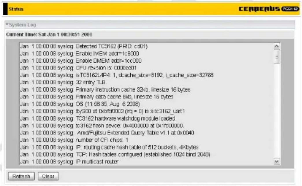 CERBERUS PC31-52 System Log Current Time: Sat Jan 1 00:30:51 2000 Jan 1 00:00:08 syslog Detected TC3162 (PR:D: cd01) Jan 1 00:00:08 syslog Enable IMEM addr=1c8000 Jan 1 00:00:08 syslog Enable DMEM addr=1cc000 Jan 1 00:00:08 syslog CPU revision is: 0000cd01 Jan 1 00:00:08 syslog isTC3162L4P4. 1, dcache_size=8192, i_cache_size=32768 Jan 1 00:00:08 syslog 32 entry TLB Jan 1 00:00:08 syslog Primary instruction cache S2kb, linesize 16 bytes Jan 1 00:00:08 syslog Primary data cache Bkb, linesize 16 bytes Jan 1 00:00:08 syslog OS (11:58:35, Aug. 6 2008) Jan 1 00:00:08 syslog ttyS00 at 0xfbt0003 (lrq = 0) is a tc3162_part1 Jan 1 00:00:08 syslog TC3162 hardware watchdog module loaded. Jan 1 00:00:08 syslog tc3162 flash device: 0x4000000 at 0x1fc00000. Jan 1 00:00:08 syslog Amd/Fujitsu Extended Query Table v1.1 at 0x0040 Jan 1 00:00:08 syslog number of CFI chips: 1 Jan 1 00:00:08 syslog IP: routing cache hash table of 512 buckets, 4kbytes Jan 1 00:00:08 syslog TCP: Hash tables configured (established 1024 bind 2048) Jan 1 00:00:08 syslog IP multicast router Refresh Clear