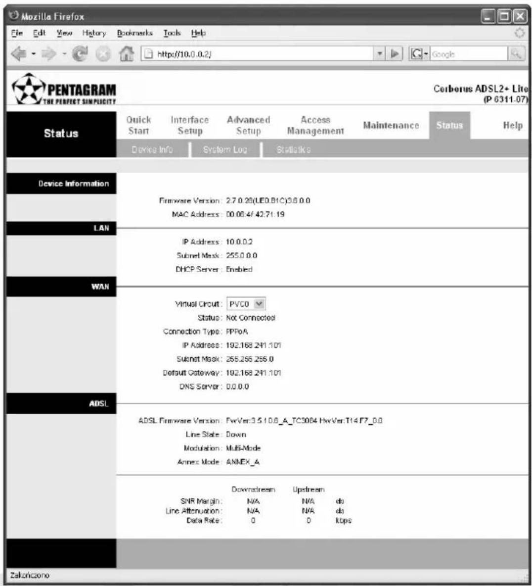 Mozilla Firefox File Edit View History Bookmarks Tools Help http://10.0.0.2/ PENTAGRAM THE PERFECT SIMPLICITY Corberus ADSL2+ Lite (P 6311-07) Status Quick Interface Advanced Access Maintenance Status Help Start Setup Setup Setup Management Devices Info System Log Statistics Device Information Firmware Version: 2.7.0.29(UEO.B1C)3.8.0.0 MAC Address: 00.06.47 42:71.19 LAN IP Address: 10.0.0.2 Subnet Mask: 255.0.0.0 DHCP Server: Enabled WAN Virtual Circuit: PVC0 Status: Not Connected Connection Type: PPPoA IP Address: 192.168.241.101 Subnet Mask: 255.266.256.0 Default Gateway: 192.168.241.101 DNS Server: 0.0.0.0 ADSL ADSL Firmware Version: FwVer:3.5.10.6_A_TC3084 FwVer:T14 F7_0.0 Line State: Down Modulation: Multi-Mode Annex Mode: ANMEX_A Downstream Upstream SNR Margin: N/A N/A do Line Attenuation: N/A N/A do Data Rate: 0 0 ktps Zakoriczono
