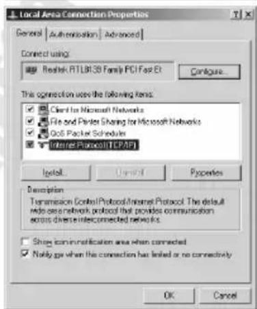 Local Area Connection Properties General | Authentication | Advanced | Connect using: Redisk RTL8138 Family PCI Fast E: Configure... This connection uses the following items: Client for Microsoft Networks File and Folder Sharing for Microsoft Networks GoS Packet Schedules Internet Protocol TCPAPI Install... Import... Properties Description Transmission Control Protocol/Internet Protocol. The default who use a network protocol that provides communication across diverse interconnected networks. Show icon in configuration area when connected Notify go when the connection has linked or no connectivity OK Cancel